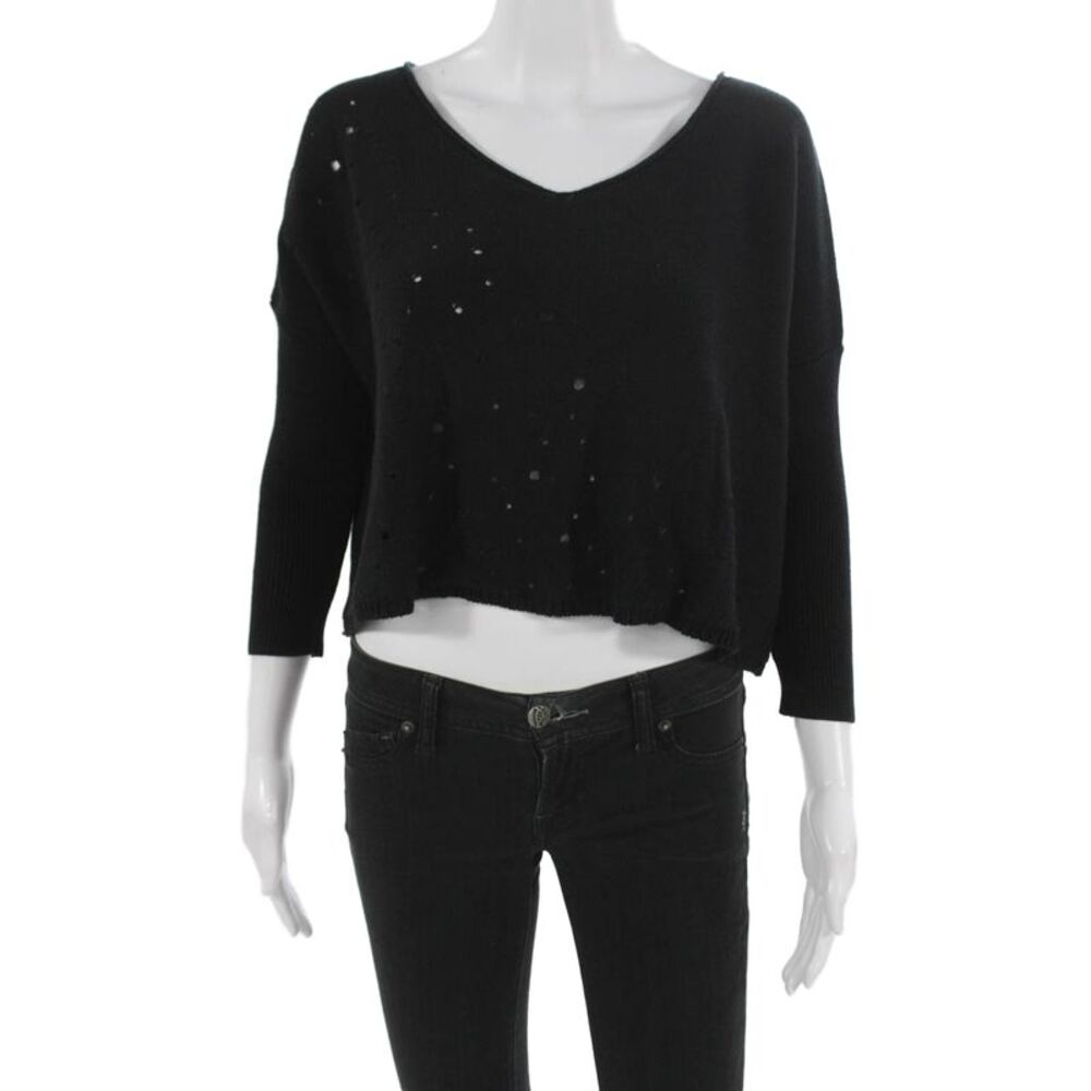 Cotton By Autumn Cashmere Womens Black Knit Top Round Neck Long Sleeve Size S